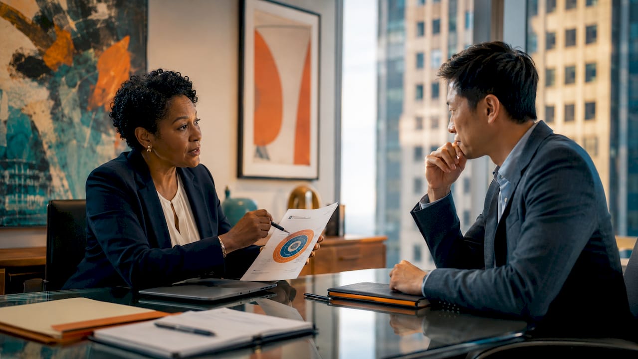 Executive coaching session in corner office