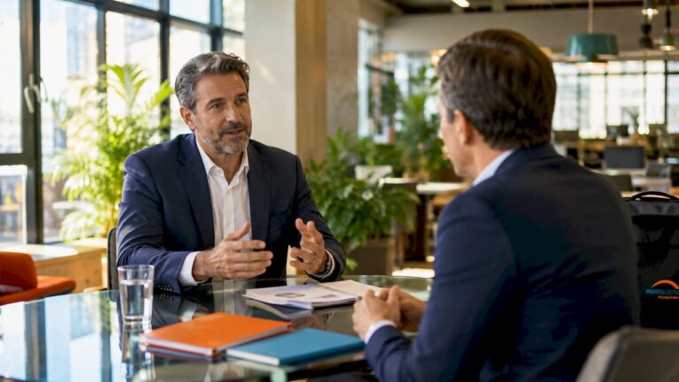 Executive coach meeting senior leader in office