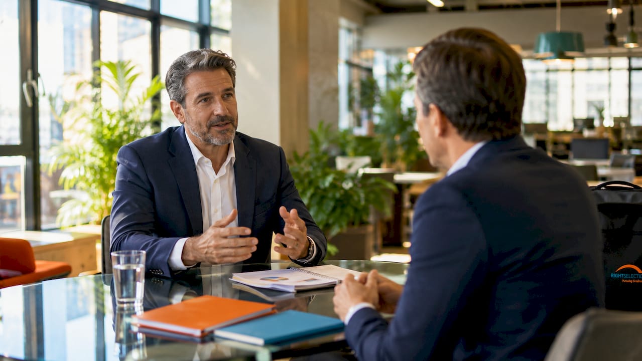 Executive coach meeting senior leader in office