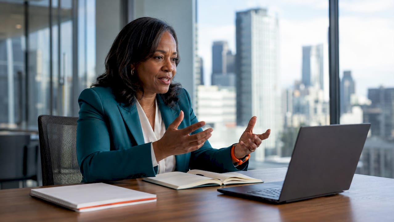 Corporate leader inspiring team in office
