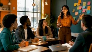 Diverse professionals in leadership training workshop