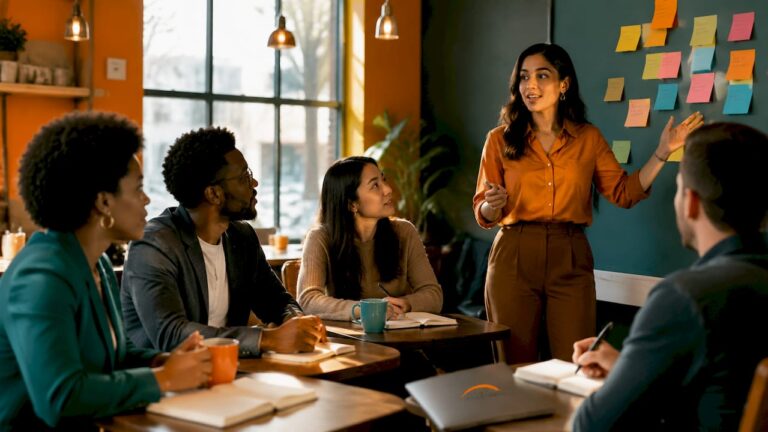 Diverse professionals in leadership training workshop