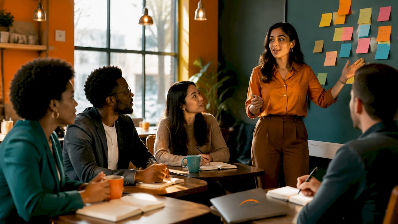 Diverse professionals in leadership training workshop