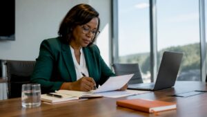 Executive reading leadership materials in office