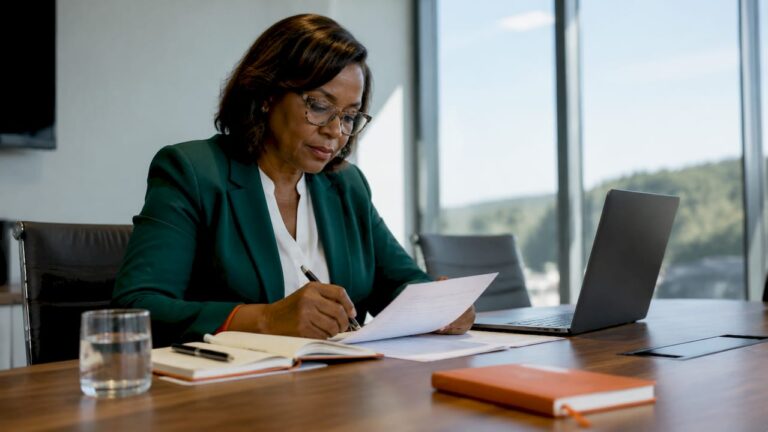 Executive reading leadership materials in office