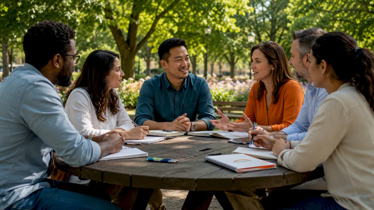 Group collaborating in leadership development workshop