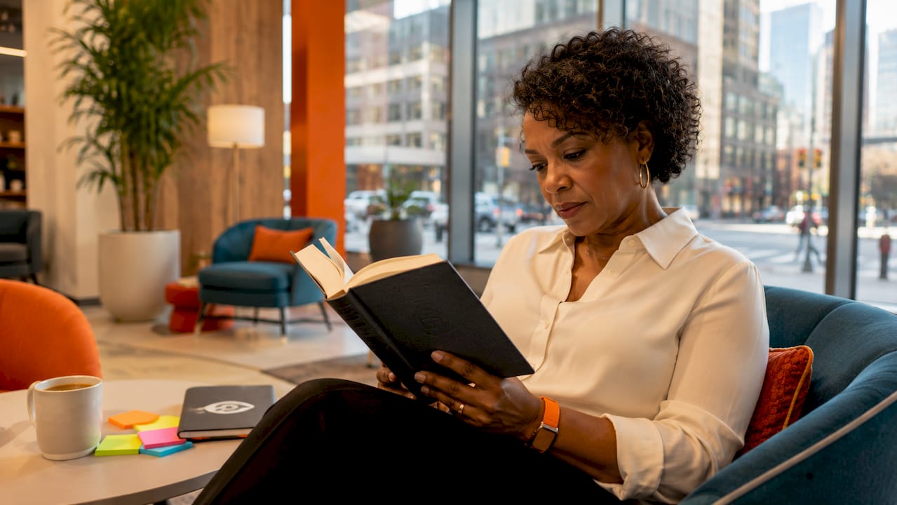 Leader reading leadership book in office