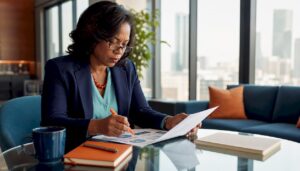 Executive reviewing leadership strategy documents