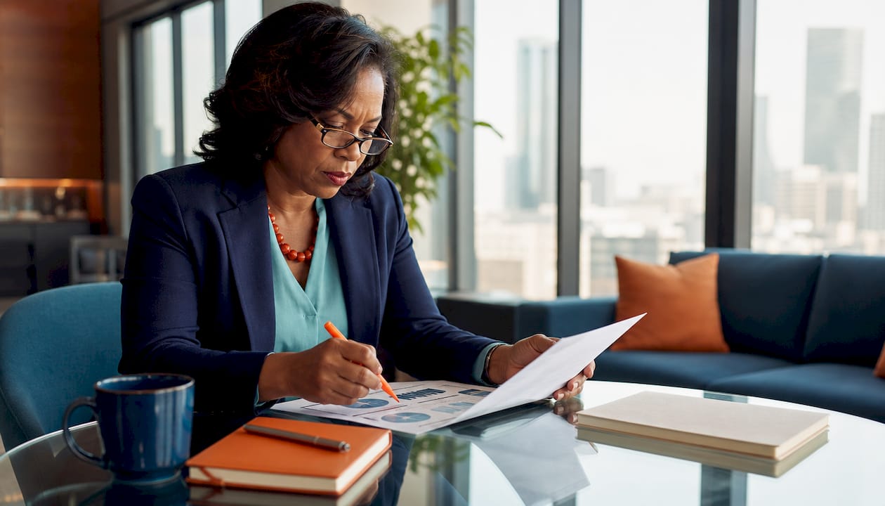 Executive reviewing leadership strategy documents