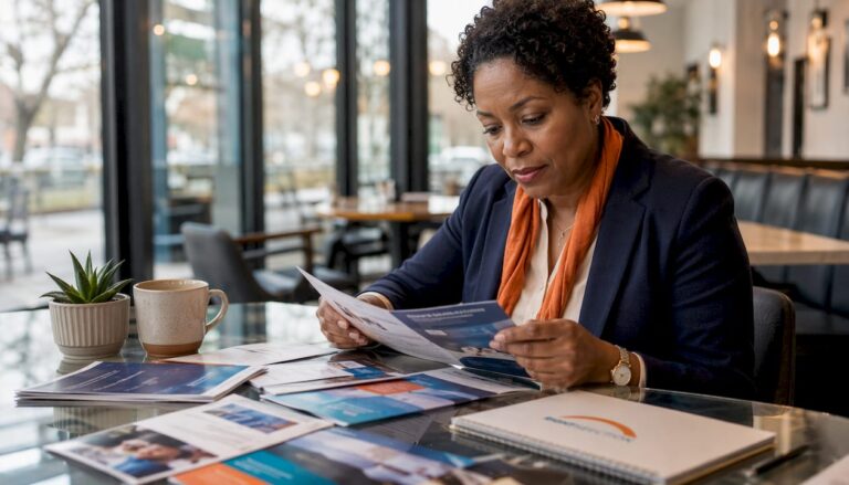Professional woman reviewing networking brochures