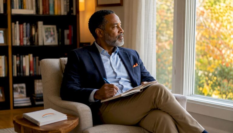 Leader thoughtfully journaling in home office
