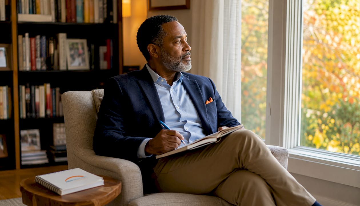 Leader thoughtfully journaling in home office
