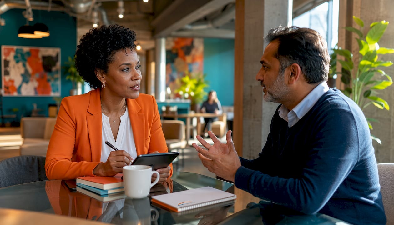 Executive coach and client in discussion at table