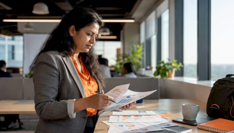 HR manager reviewing career transition coaching papers