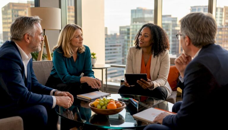 Executives in C-suite coaching session around boardroom table