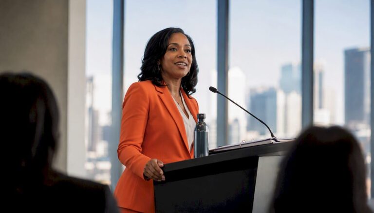 Real estate speaker presenting at conference podium