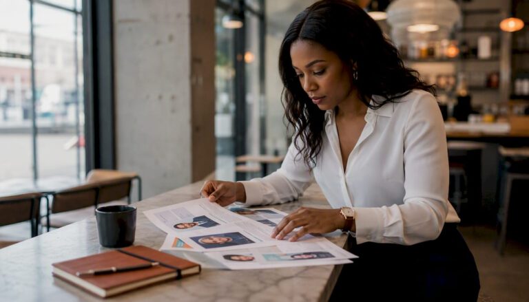 Event planner reviewing speaker profiles at conference table