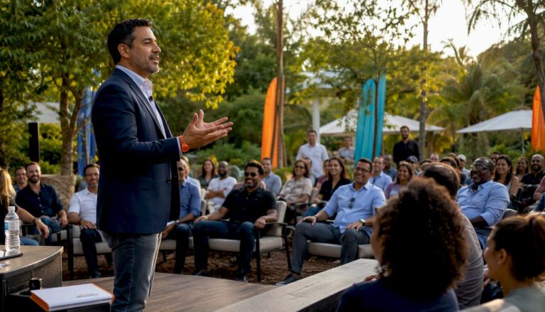 Motivational speaker engaging corporate audience