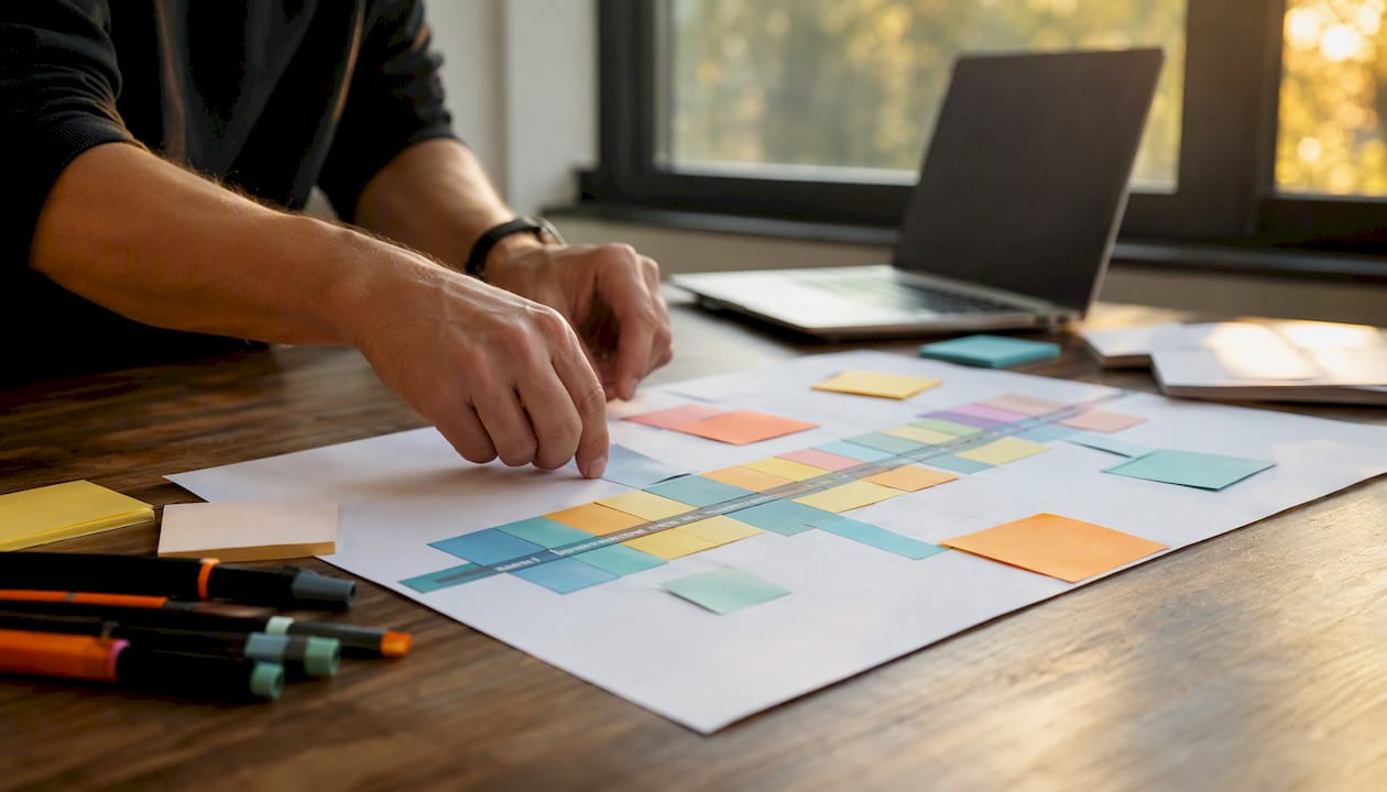 Hands arranging growth roadmap timeline