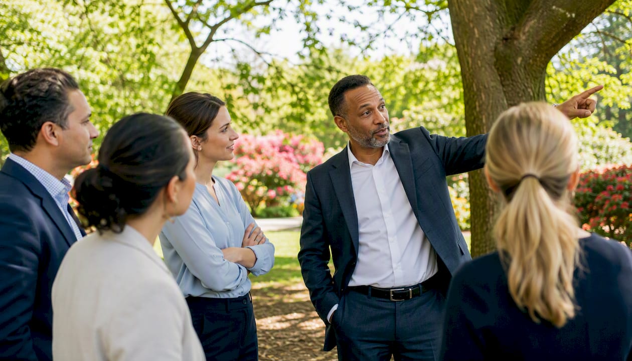 Executives in peer coaching session on rooftop