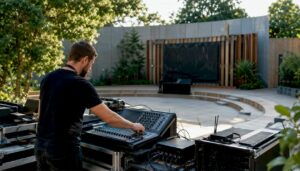 Stage technician setting up microphone at corporate event